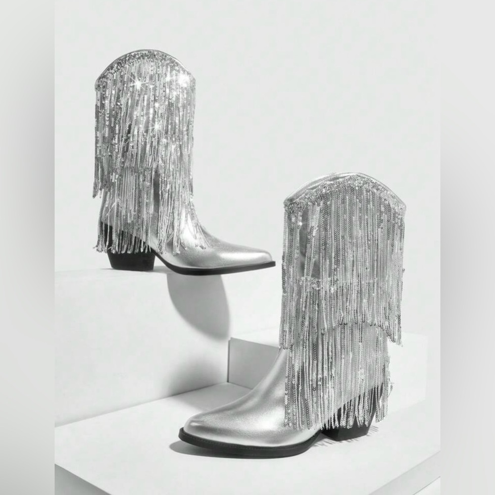Pointed Toe Chunky Heel One-Button Silver Tassel Evening Boots